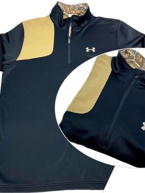 Under Armour Navy Half-Zip Pullover with Olive Shoulder Patch and Yellow Logo